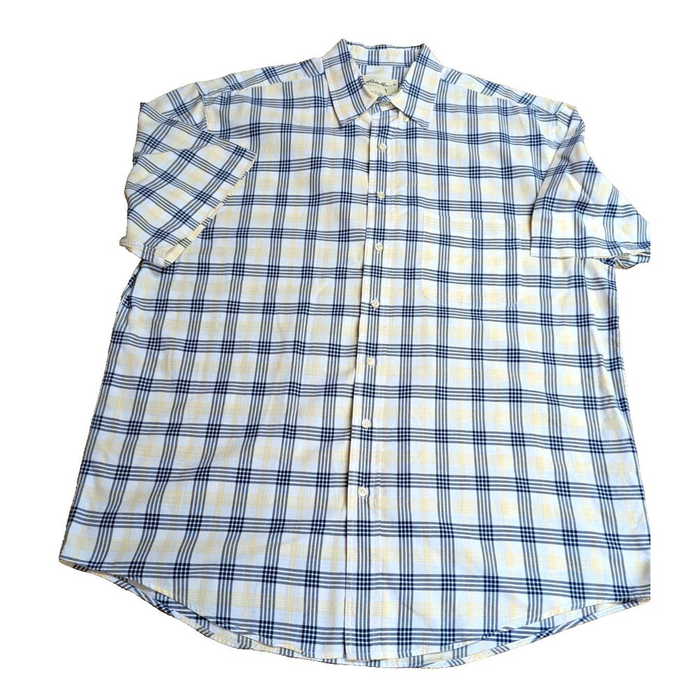 Vintage Eddie Bauer Shirt Mens L White Black Yellow Plaid Short Sleeve Cotton